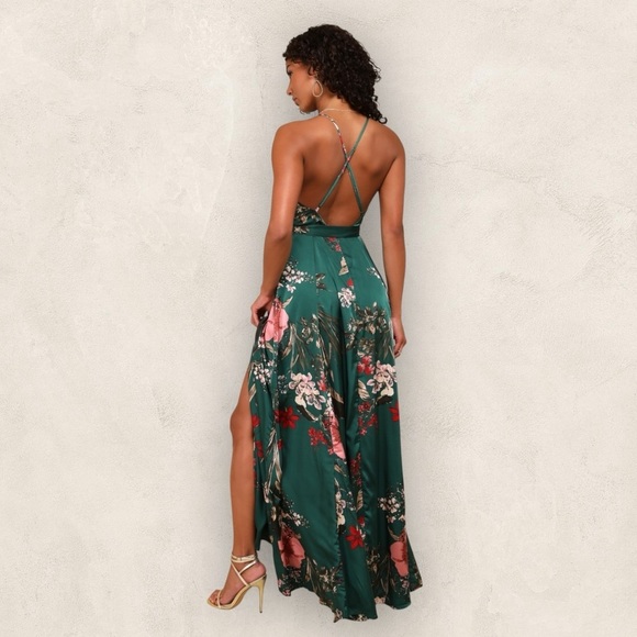 NWT Lulus Still the One Emerald Green Floral Print Satin Maxi Dress. XL #1553 - Picture 2 of 10